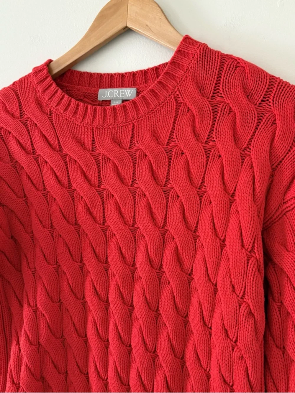 J. Crew Cotton cable-knit side-slit crewneck sweater chunky Size S/M Red‎